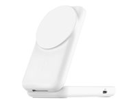 Belkin UltraCharge - Trådlöst laddställ - 2-i-1, Qi2, magnetisk, vikbar + växelströmsadapter - 25 Watt - Ultra Fast Charge (USB-C) - vit WIZ038KQWH