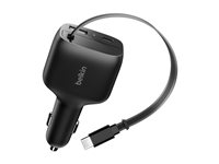 Belkin BoostCharge - Strömadapter för bil - infällbar - 75 Watt - Fast Charge - 3 utdatakontakter (USB, 2 x USB-C) - svart CCC001HQBK